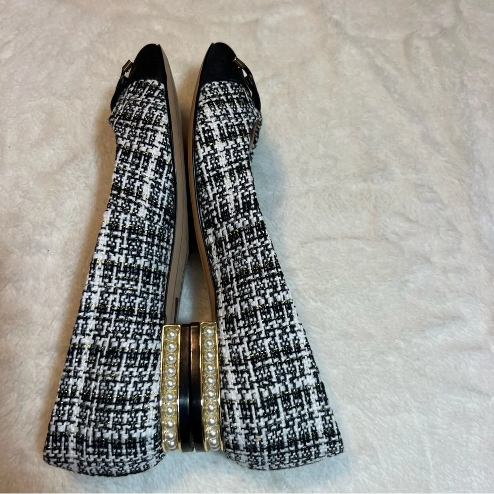 Karl Lagerfeld Black and White Pearl And Tweed Bow Ballet Flats - Picture 4 of 9